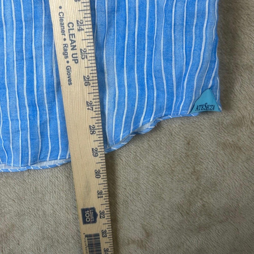 Ateseta Mens 100% Linen Striped Button Down Shirt Blue White Size 16 41 Italy - Picture 2 of 6